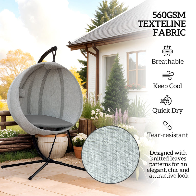 Grey Hanging Egg Chair with Stand Thick Cushion and Cup Holder for Garden or Balcony by Outsunny