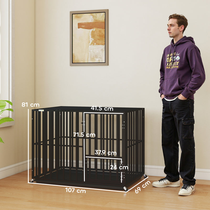 Heavy Duty Steel Dog Crate with Wheels and Removable Tray for Secure Home Use Black AOSOM