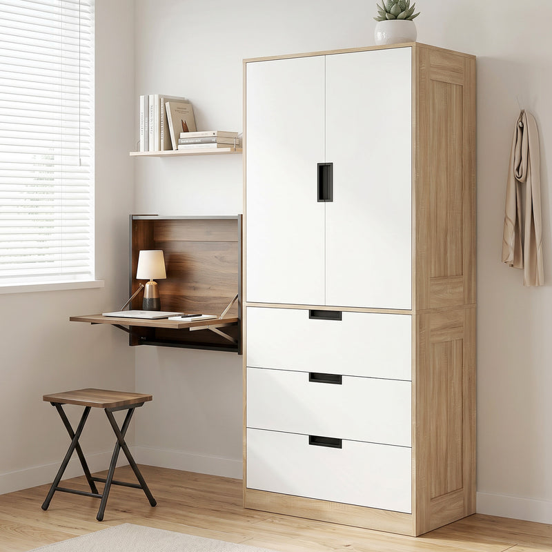 Double Wardrobe with Drawers for Small Bedrooms Slim Storage Oak and White