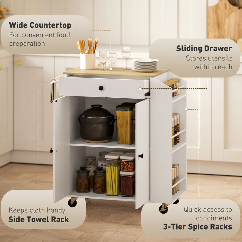 Rolling Kitchen Island with Drawer and Towel Rail for Extra Storage Space, White 82x38x86.5cm