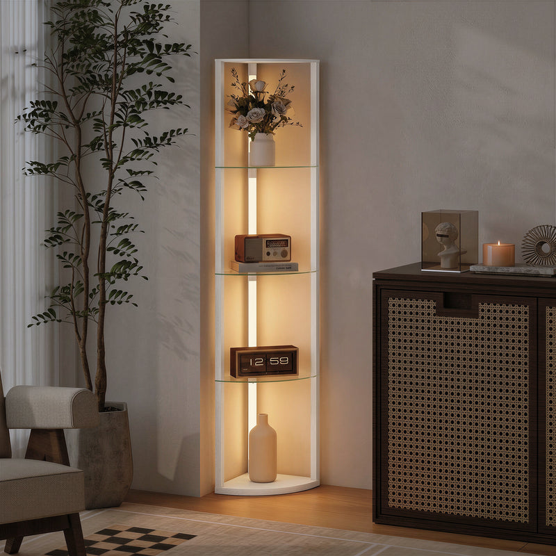 Corner Floor Lamp with 5 Glass Shelves for Display and Soft LED Lighting White Homcom