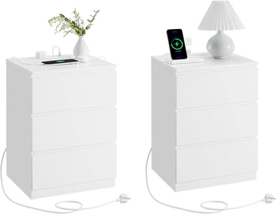 White Bedside Tables Set of 2 with Sockets & USB, 3 Drawers for Bedroom Storage by Vasagle