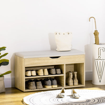 Shoes Cabinet Bench, Padded Seat, Oak Tone Homcom