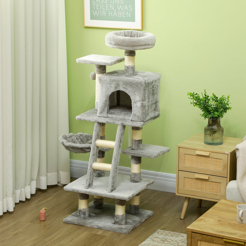 132cm Cat Tree Tower with Scratching Post Hammock and Toys for Indoor Cats Grey