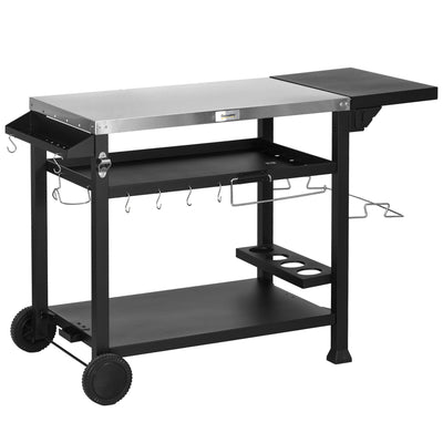 Black BBQ Grill Table with Stainless Steel Top for Outdoor Cooking and Entertaining