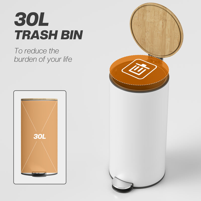 Kitchen Pedal Bin 30L with Soft Close Lid and Removable Liner for Easy Cleaning White Homcom
