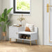 Image of an Entryway Bench With Cushion And Storage. White with hold legs.