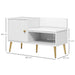 Image of an Entryway Bench With Cushion And Storage. White with hold legs.