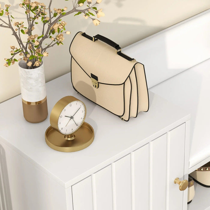 Image of an Entryway Bench With Cushion And Storage. White with hold legs.