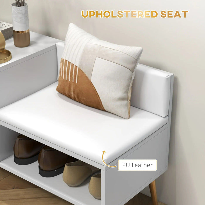 Image of an Entryway Bench With Cushion And Storage. White with hold legs.
