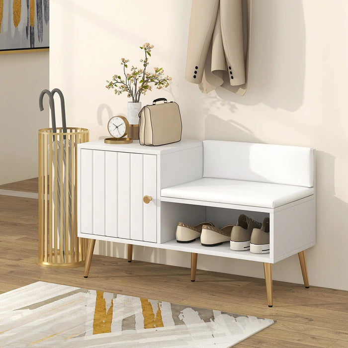Image of an Entryway Bench With Cushion And Storage. White with hold legs.