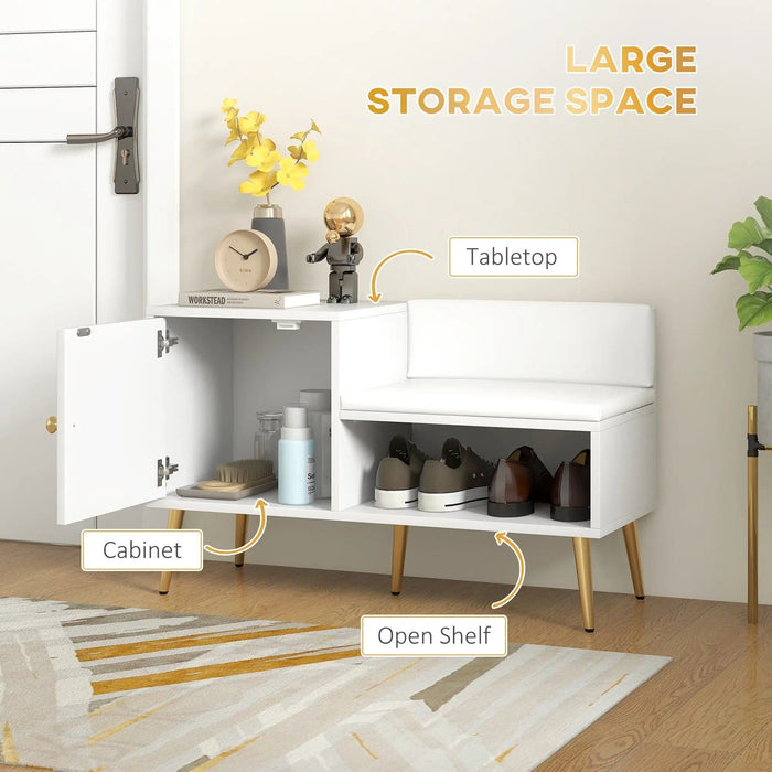 Image of an Entryway Bench With Cushion And Storage. White with hold legs.