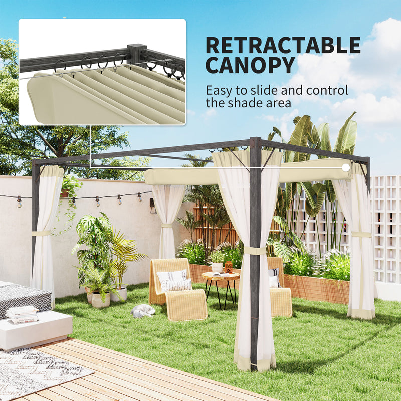 3 x 4m Aluminium Pergola with Retractable Khaki Roof for Garden and Patio by Outsunny