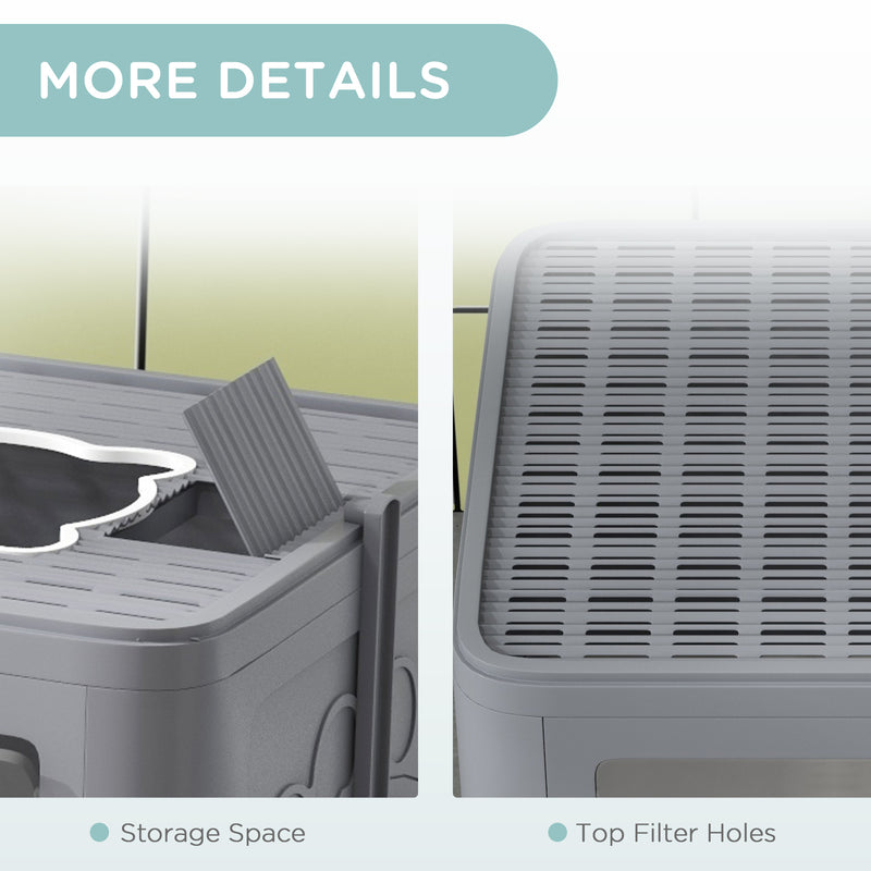 Enclosed Hooded Cat Litter Box with Drawer Scoop and Top Exit Design for Easy Cleaning, Grey