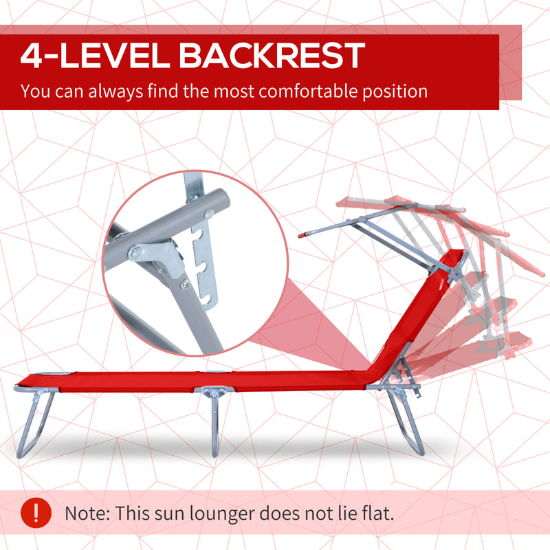 Red Folding Reclining Sun Lounger with Adjustable Canopy for Beach or Garden Relaxation