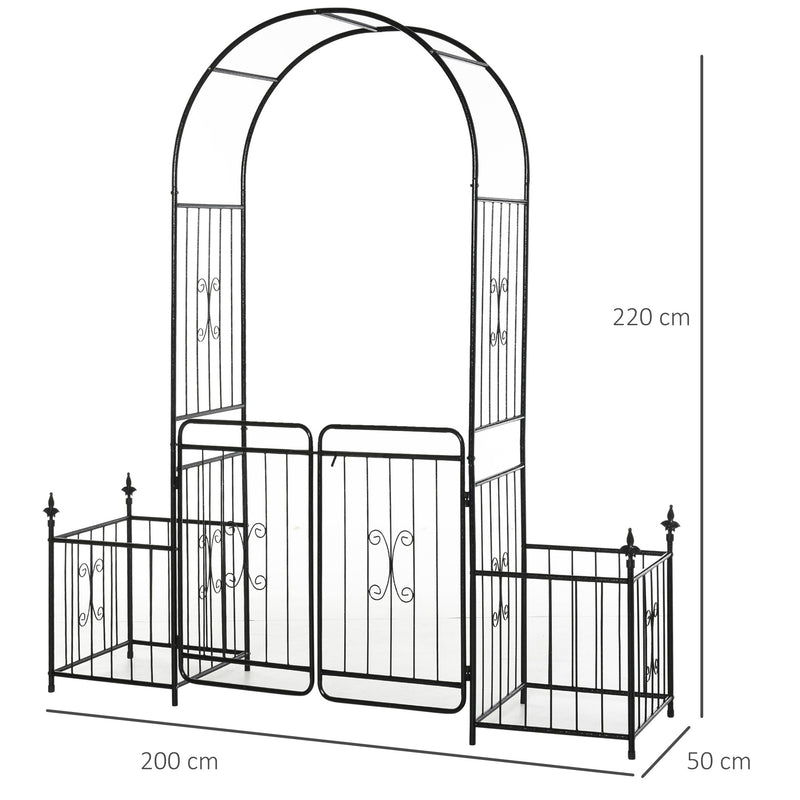 Metal Garden Arbor Arch with Double Doors and Planter Baskets Black by Outsunny