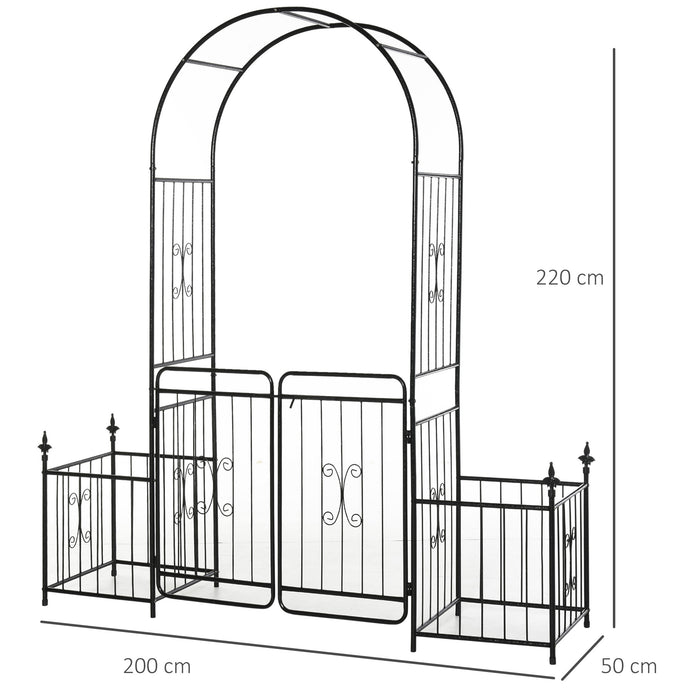Metal Garden Arbor Arch with Double Doors and Planter Baskets Black by Outsunny
