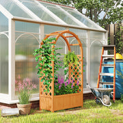 Wooden Raised Garden Bed with Trellis and Liner for Climbing Plants and Flowers by Outsunny