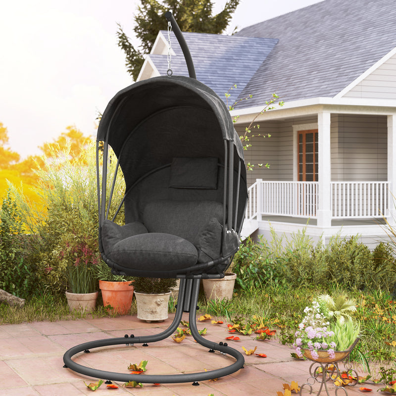 Grey Hanging Egg Chair Swing with Stand Cushion and Retractable Canopy for Indoor or Outdoor by Outsunny