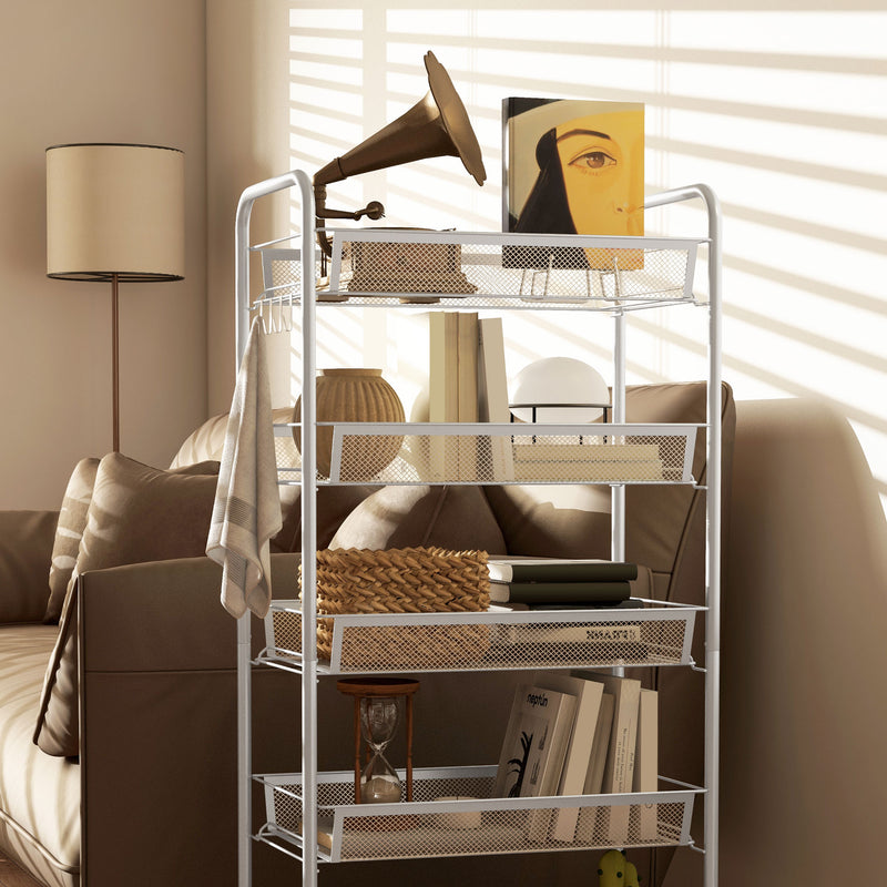Five Tier Steel Mesh Storage Trolley With Rolling Wheels For Home Organisation, White