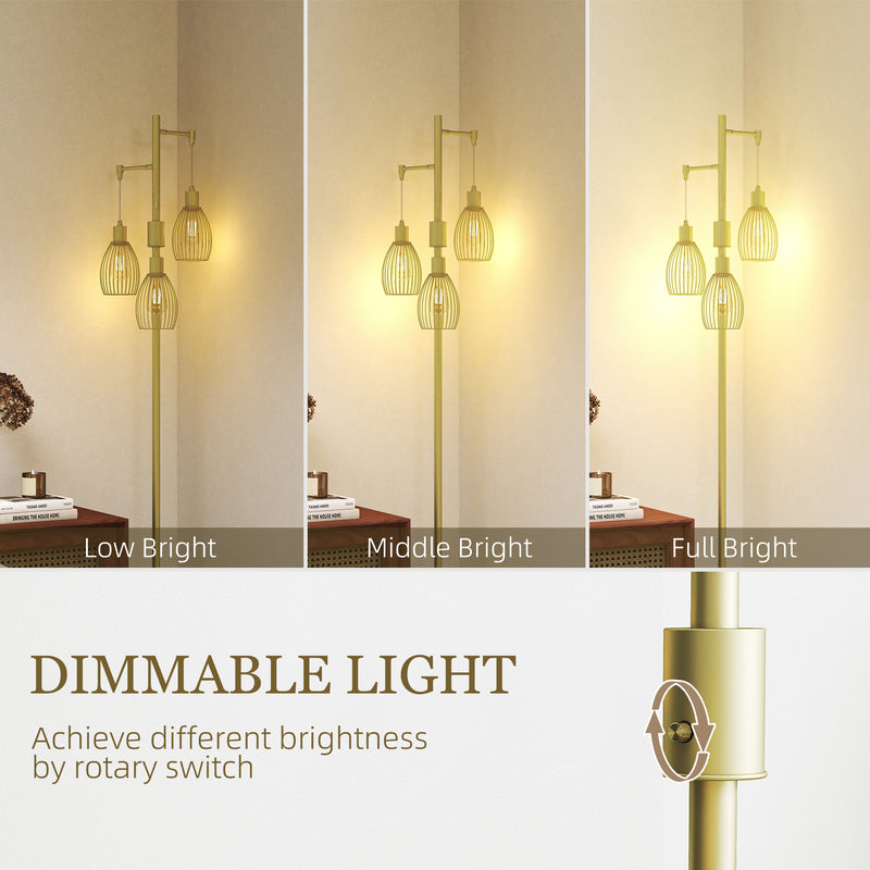 Gold Industrial 3 Light Floor Lamp with Dimmable Steel Shades for Living Room