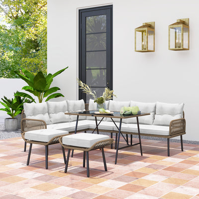 6 Seater Rattan Garden Sofa Set With Cushions and Glass Table by Outsunny