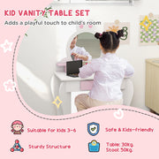 Kids Dressing Table with Mirror and Stool Ideal for Bedroom or Playroom, White and Pink