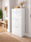 Slim White High Gloss Shoe Cabinet, Holds 18 Pairs, 3 Flip Drawers + Top Drawer, Narrow Hallway