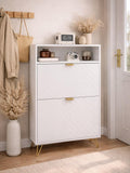 Slim White Shoe Storage Cabinet, 2 Flip Drawers, Chevron Detail & Gold Legs — Holds 12 Pairs