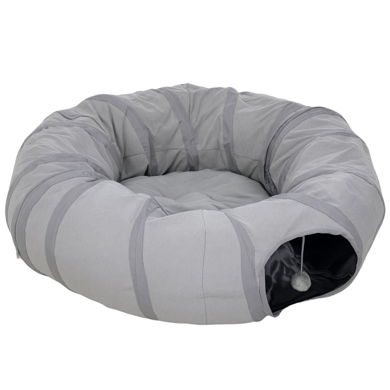 2 in 1 Cat Tunnel and Bed with Hanging Ball and Peek Hole for Indoor Play, Grey AOSOM