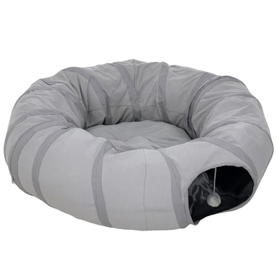 2 in 1 Cat Tunnel and Bed with Hanging Ball and Peek Hole for Indoor Play, Grey AOSOM
