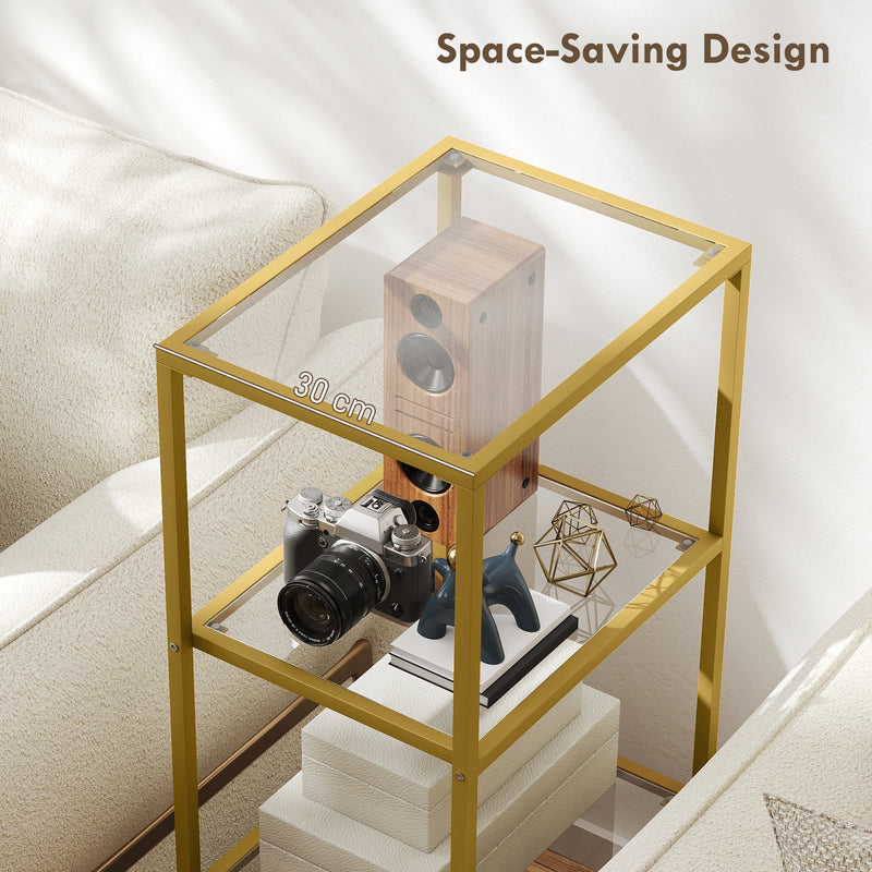 4 Tier Glass Shelving Unit For Living Room Or Office With Vertical Storage, Gold Tone