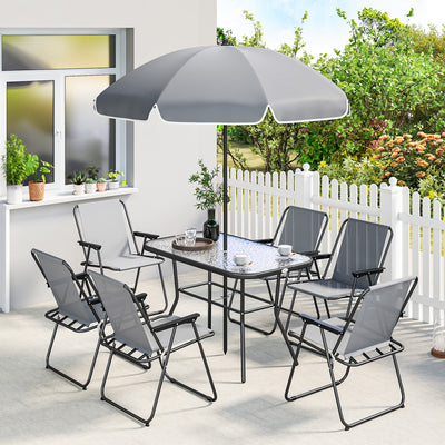 Garden Dining Set for 6 with Foldable Chairs, Glass Table and Umbrella for Easy Outdoor Meals Outsunny