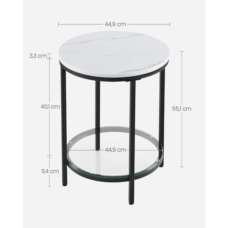 Vasagle Small Round Side Table - Black steel frame with white marble effect table top