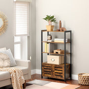 Small Industrial Bookcase With Cupboard at The Bottom With Double Doors, 3 Open Shelves