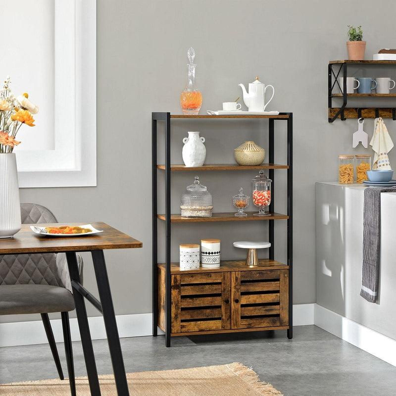 Small Industrial Bookcase With Cupboard at The Bottom With Double Doors, 3 Open Shelves
