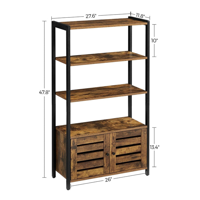 Image of a small bookcase with door by Vasagle Furniture. This industrial style cabinet has 4 spacious shelves and a cabinet with louvered doors. 