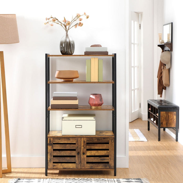 Image of a small bookcase with door by Vasagle Furniture. This industrial style cabinet has 4 spacious shelves and a cabinet with louvered doors. 