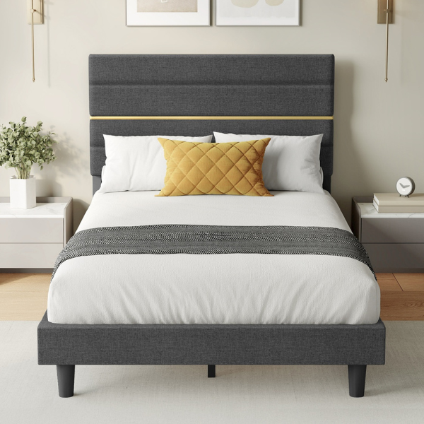 Small Double Bed Frame with Grey Upholstered Headboard For Modern Bedrooms
