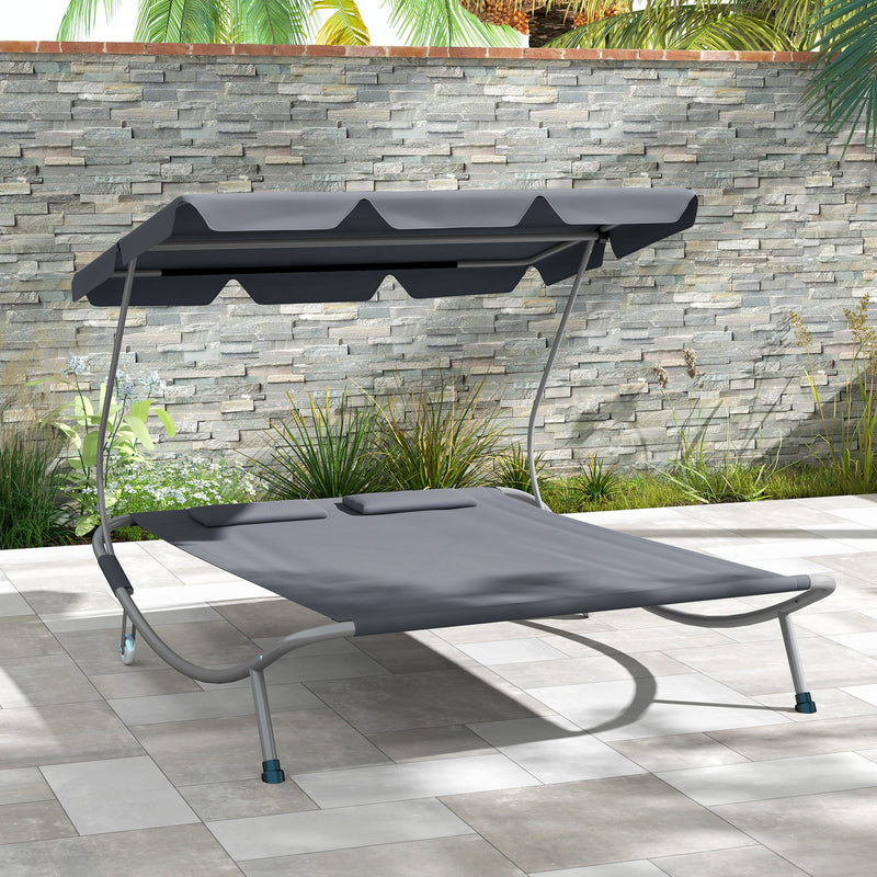Double Outdoor Bed with Canopy Light Grey Relaxing Garden Lounger by Outsunny