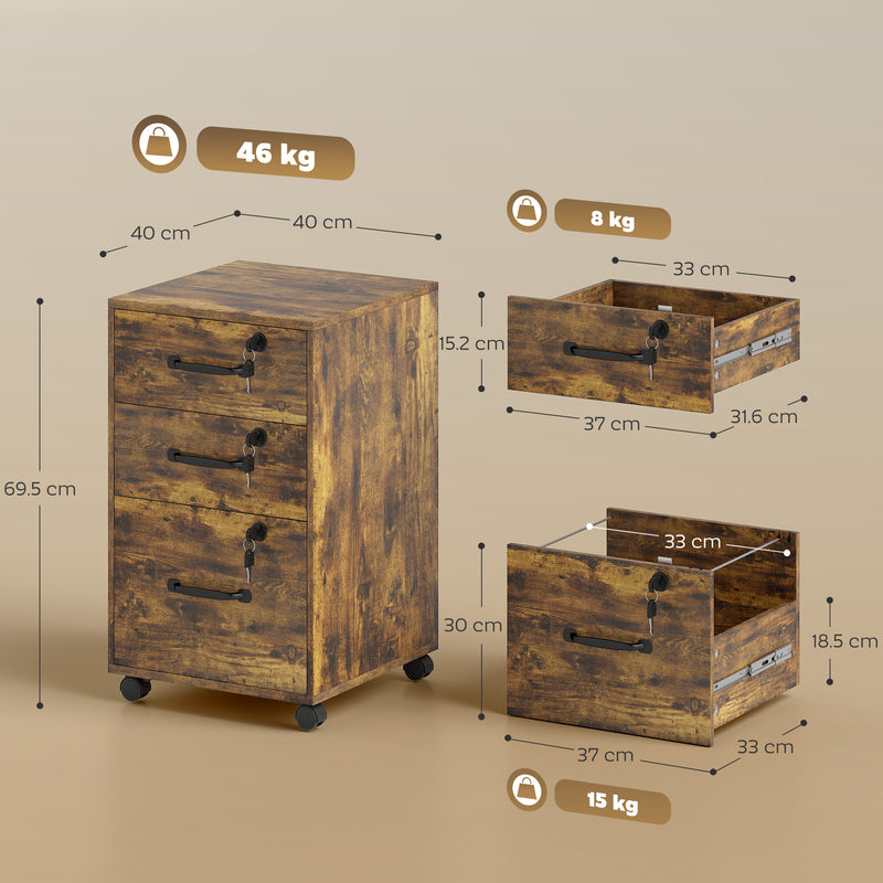 Three Drawer Wood Effect Filing Cabinet With Spacious Storage For Home Office, Rustic Brown