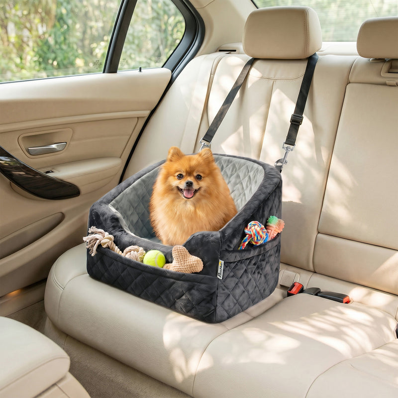 Dog Car Seat for Small Pets with Washable Cover and Adjustable Leash Grey