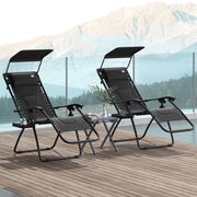 Set of 2 Black Zero Gravity Outdoor Lounger Chairs With Shade Cup Holder and Padded Seat by Outsunny