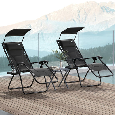 Set of 2 Black Zero Gravity Outdoor Lounger Chairs With Shade Cup Holder and Padded Seat by Outsunny