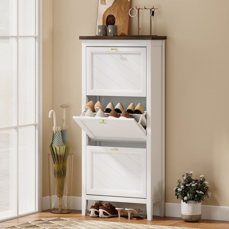 Slim Shoe Storage Cabinet for Narrow Hallways with 3 Flip Drawers and Adjustable Shelves White 60 x 26 x 134 cm Homcom
