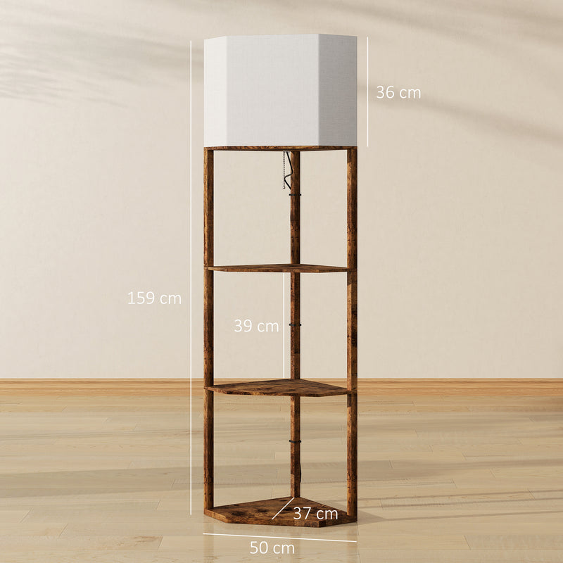 Tall Corner Floor Lamp with Shelves and Chain Switch for Living Room or Bedroom Rustic Brown