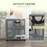 Indoor Wooden Cat Enclosure With Platforms And Hammock On Wheels For Easy Moving, Light Grey