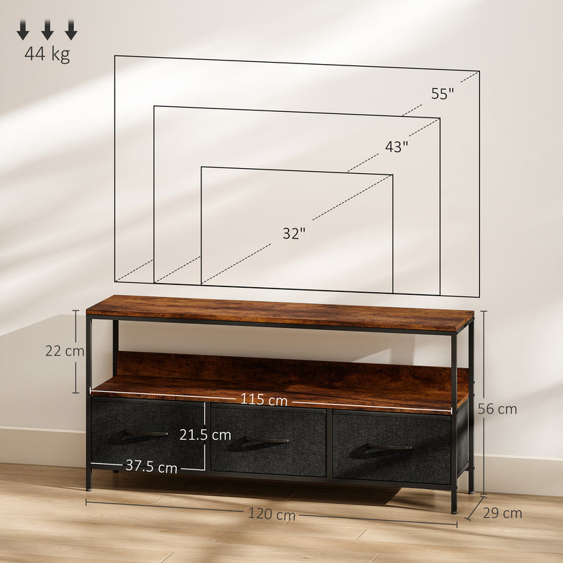 Industrial TV Stand Cabinet with 3 Foldable Fabric Storage Drawers for Living Room