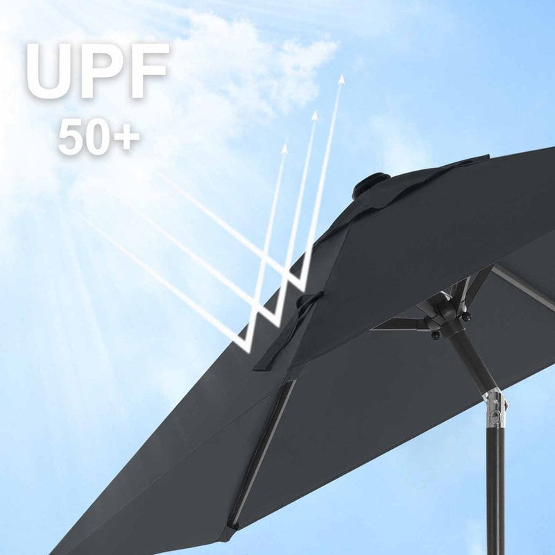 Image of a grey garden parasol with a crank handle