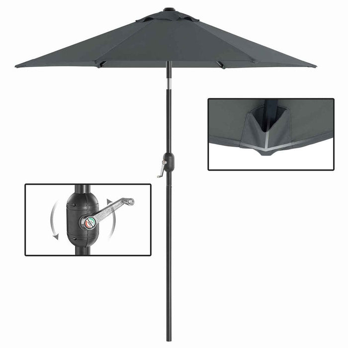 Image of a grey garden parasol with a crank handle